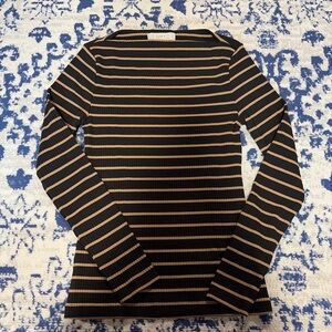LOFT Black and Tan Striped Long-Sleeve Ribbed Top